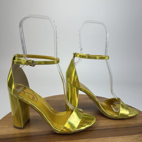 Sam Edelman Shoes - Womens Sam Edelman Yaro Gold Leather Block Open Toe Heeled Sandals Size 8 M GUC